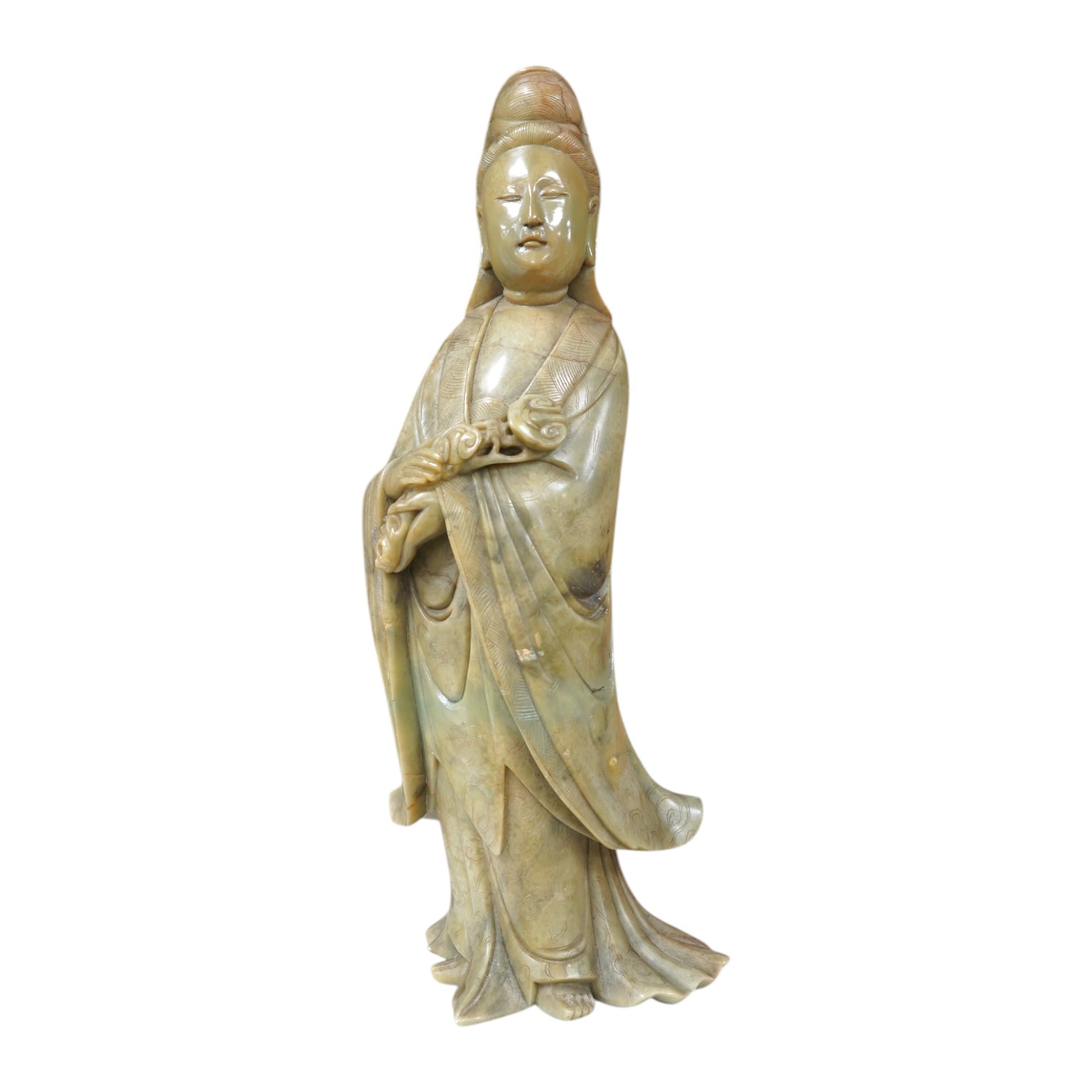 A Chinese soapstone figure of guanyin, 31cm high. Condition - good